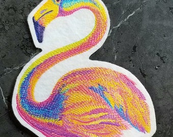Rainbow Watercolor Flamingo Iron On Embroidery Patch MTCoffinz - Choose Size