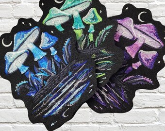 Midnight Mushroom Patch Purple Mushroom Green Psychedelic Patch Shrooms Patch Iron On Embroidery Patch - Choose Size