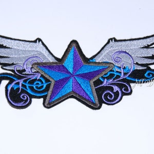 May include: An embroidered patch featuring a purple and blue nautical star with white wings and black and purple swirls.
