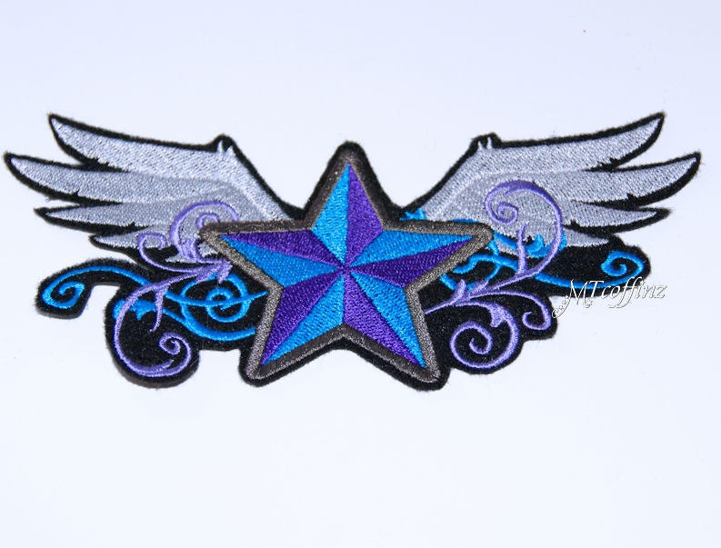 Purple Turquoise Blue Beveled Star With Wings Iron on