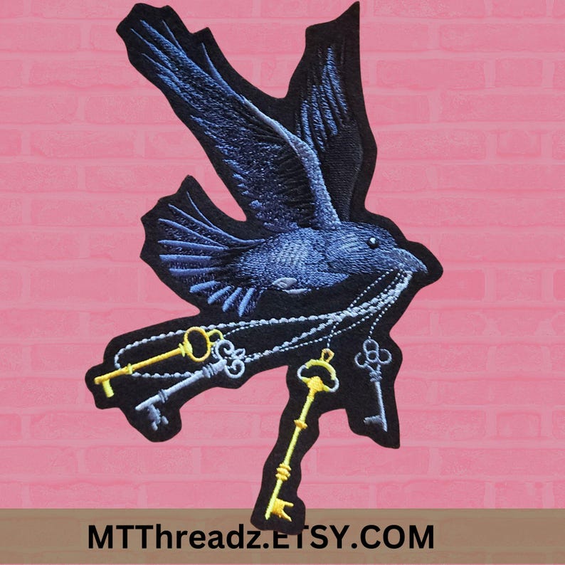 Raven Patch SteamPunk Black Raven with Brass Skeleton Keys Flying Corvid Iron On Embroidery Patch image 8