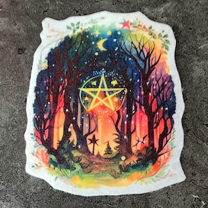 May include: A watercolour illustration of a woodland scene with a five-pointed star at its centre. The trees are silhouetted against a colourful background of orange, yellow and blue. The star is surrounded by a circle of smaller stars.