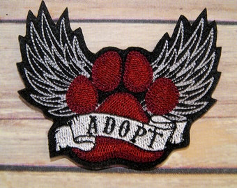 ADOPT Rescue Dog Patch Dog Paw with Wings Iron On Embroidery Patch Embroidered Dog Rescue Patch Choose Size