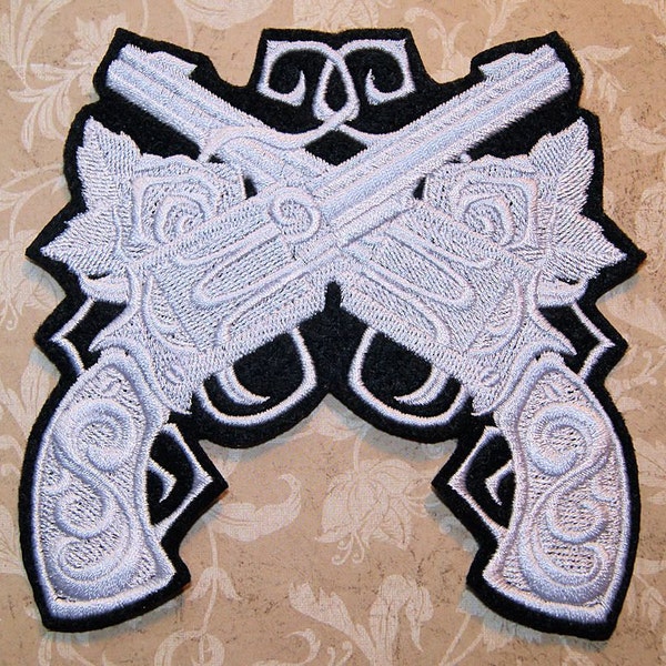 Silver Baroque Pistols Guns Roses Vines Iron On Embroidery Patch MTCoffinz - Choose Size