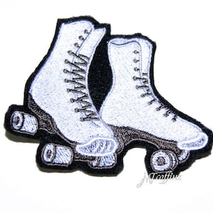 May include: White embroidered roller skate patch with black stitching and wheels. The patch is perfect for adding a retro touch to jackets, bags, or other accessories.