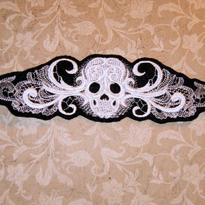 Ghost Spooky Skull Border White Baroque Iron On Embroidery Patch MTCoffinz - Choose Size
