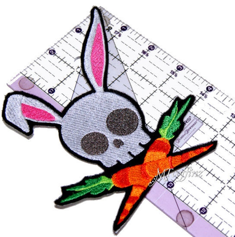 Skull and Crossbones Easter Bunny Carrots Iron On Embroidery Patch MTCoffinz Choose Size image 2