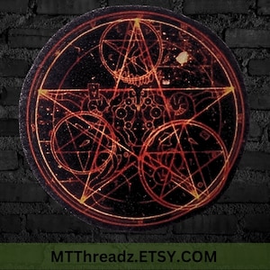 May include: A red and yellow pentagram with intricate details on a black background. The pentagram is surrounded by a circle with various symbols and lines.
