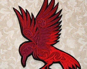 Raven Patch Red Raven Baroque Swirls Iron On Embroidery Patch - Choose Size / Color