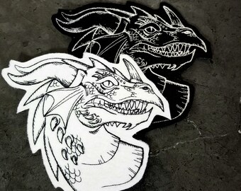 Dragon Skull Patch Dragon Head Patch Black White Iron On Embroidery Patch - Choose Size / Color
