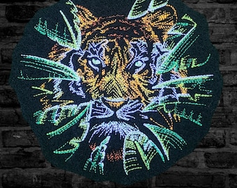 Sample SALE Tropical Tiger Patch Fierce Tiger Embroidery Patch Big Cat Jungle Embroidery Leaf Crest - Iron On Ready to Ship LAST ONE