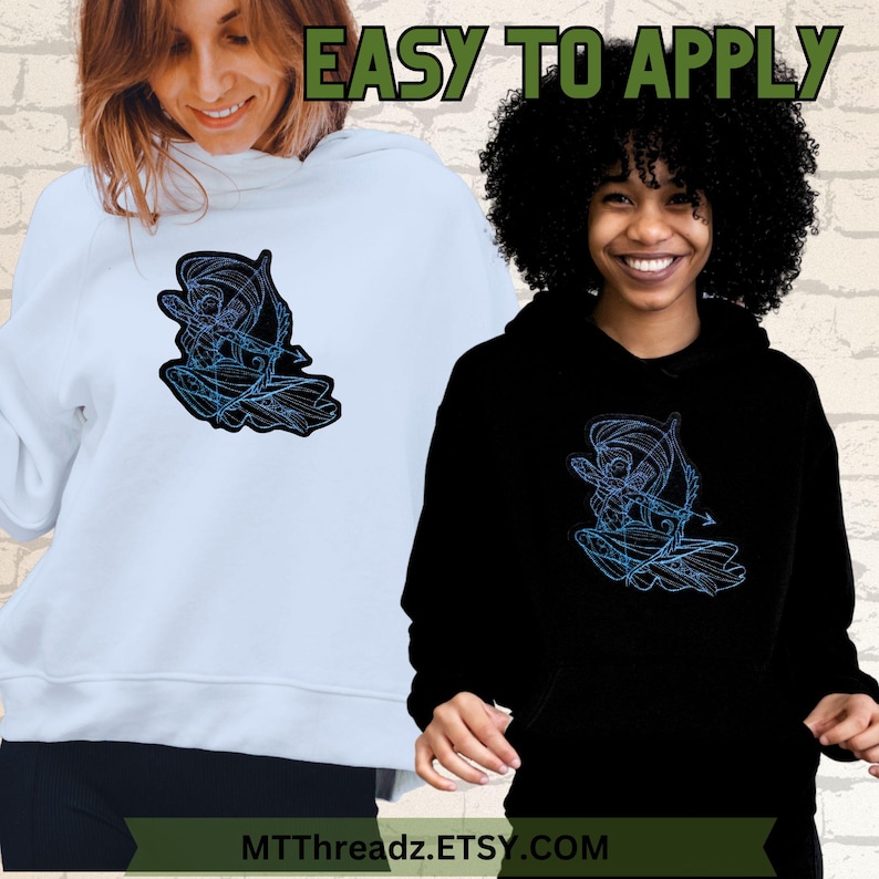 May include: Two people wearing hoodies with a blue and black graphic design of a person holding a bow and arrow. The text "EASY TO APPLY" is at the top of the image. The text "MTTThreadz.ETSY.COM" is at the bottom of the image.