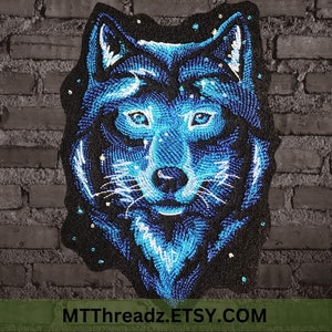 Blue Wolf Iron On Embroidery Patch - Choose Size