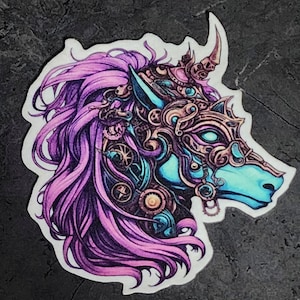 May include: A sticker of a blue and purple steampunk unicorn with intricate gears and cogs. The unicorn has a long, flowing mane and a horn that is adorned with a gear.