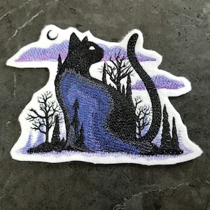 Spooky Black Cat Patch Midnight Haunted Forest Embroidered Cat Patch Iron On Embroidery Patch - Choose Size