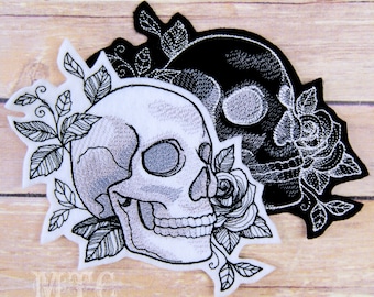 Shadow Skull and Roses Black White Iron On Embroidery Patch MTCoffinz - Choose Size / Color