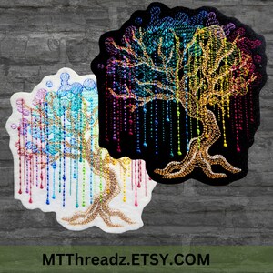 May include: Two embroidered patches of a rainbow tree with cascading drops of color. The tree is on a white background on the left and a black background on the right.