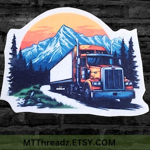 Big Rig Truck Driving Through the Mountains Iron On Fabric Patch  - Choose Size
