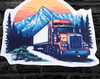 Big Rig Truck Driving Through the Mountains Iron On Fabric Patch  - Choose Size