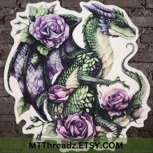 May include: A green dragon with purple wings is surrounded by purple roses and green leaves. The dragon has a long tail and is curled up in a defensive position. The image is drawn in a realistic style and has a whimsical feel.