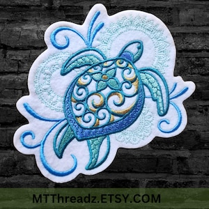 Teal Green Mehndi Sea Turtle- Iron On Embroidery Patch MTCoffinz - Choose Size