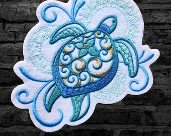 Teal Green Mehndi Sea Turtle- Iron On Embroidery Patch MTCoffinz - Choose Size