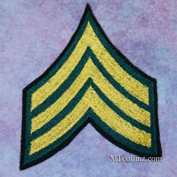 Army Sergeant Stripes Green Gold Iron On Embroidery Patch MTCoffinz