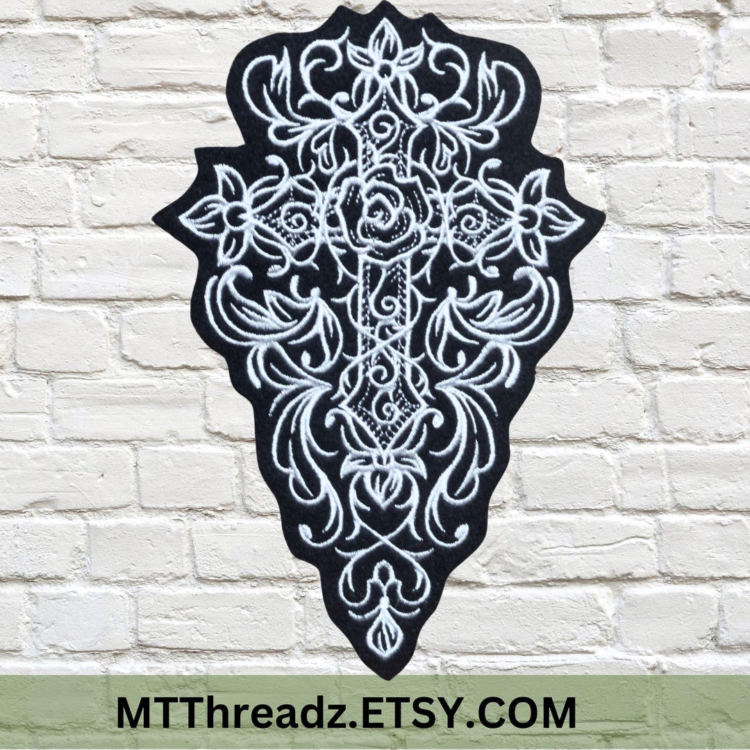 Cross Patch Roman Catholic Cross Black White Damask Iron on Embroidery ...