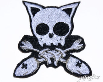 Kitty Skull and Crossbones Fish Skeleton Iron On Embroidery Patch MTCoffinz - Choose Size