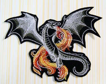 Fire and Flames Dragon -Midnight Magic Iron On Embroidery Patch MTCoffinz - Choose Size