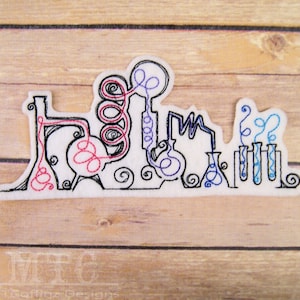 May include: A black and white embroidery design of a science lab with red, blue, and purple details. The design features beakers, test tubes, and swirling lines.