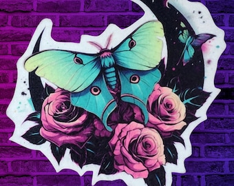 Sample SALE Luna Moth Patch Black Crescent Moon Iron On Fabric Patch Red Rose  - Ready to Ship LAST ONE