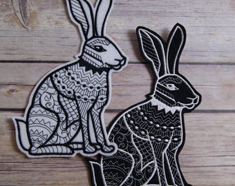 Rabbit - Black White Iron On Embroidery Patch MTCoffinz - Choose Size
