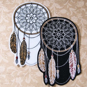 May include: Two embroidered dreamcatcher patches. One is white with gold and brown feathers, the other is black with gold and red feathers. Both have intricate web designs and beaded accents, perfect for adding to clothing or accessories.