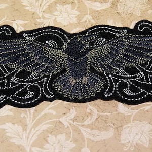 Dark Grey Black Raven with Filigree Swirls Iron On Embroidery Patch MTCoffinz