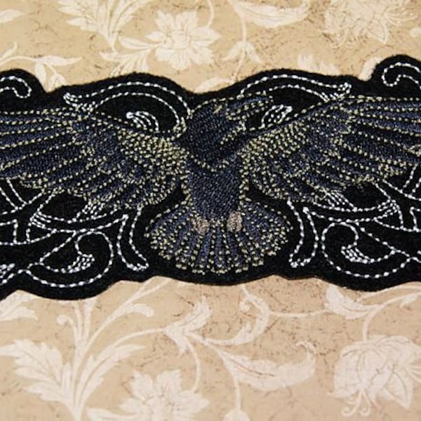 Dark Grey Black Raven with Filigree Swirls Iron On Embroidery Patch MTCoffinz