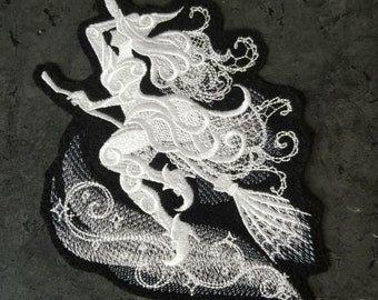 Ghost Spooky Witch Broomstick White Baroque Iron On Embroidery Patch MTCoffinz - Choose Size