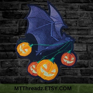 Flying Black Bat Patch with Pumpkins Halloween Iron On Gothic Embroidery Patch Cute Bat Patch |Choose Size