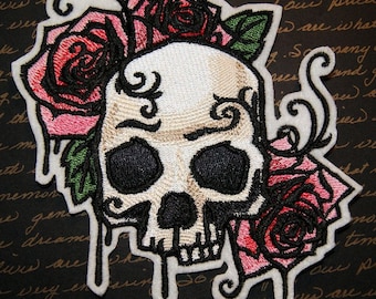 Gothic Skull and Pink Roses Iron On Embroidery Patch MTCoffinz- Choose Size