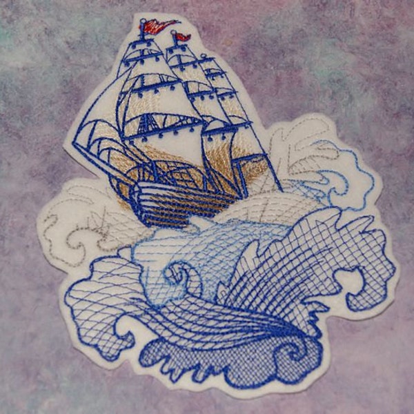 Seven Seas Retro Tattoo Style Ship on the Waves Iron On Embroidery Patch MTCoffinz