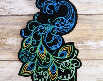 Blue Green Peacock - Wild Spirals - Iron On Embroidery Patch MTCoffinz - Choose Size