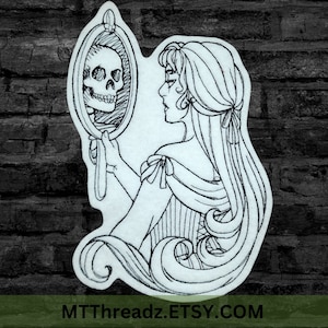 May include: A black and white line drawing of a woman looking into a hand mirror. The mirror reflects a skull. The woman has long flowing hair and is wearing a dress with a bow.