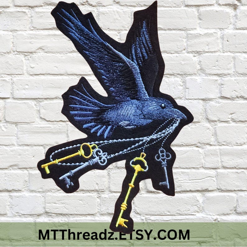 Raven Patch SteamPunk Black Raven with Brass Skeleton Keys Flying Corvid Iron On Embroidery Patch image 4