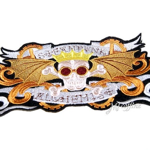 May include: Embroidered iron-on patch featuring a skull wearing goggles and a crown. The skull has wings and is surrounded by gears and a banner that reads "STEAMPUNK ALCHEMIST".