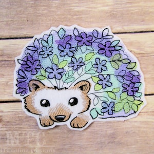 Baby Hedgehog Purple Green Floral Flowers Iron On Embroidery Patch MTCoffinz - Choose Size