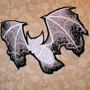 Ghost Bat White Baroque Iron On Embroidery Patch MTCoffinz - Choose Size