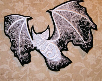 Ghost Bat White Baroque Iron On Embroidery Patch MTCoffinz - Choose Size