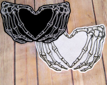 Spooky Skeleton Hand Bones Heart Iron On Embroidery Patch MTCoffinz - Choose Size / Color