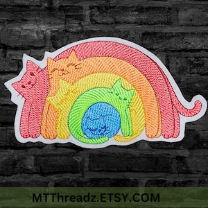 May include: Embroidered patch with a rainbow cat design. The patch features cats in red, orange, yellow, green, and blue, arranged in an arch. It has a white border and the text MTThreadz.ETSY.COM.