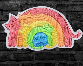 Rainbow Cat Embroidered Patch, Stretching Cats Iron On Applique, Colorful Funny Kitty Sewing Patch - Choose Size